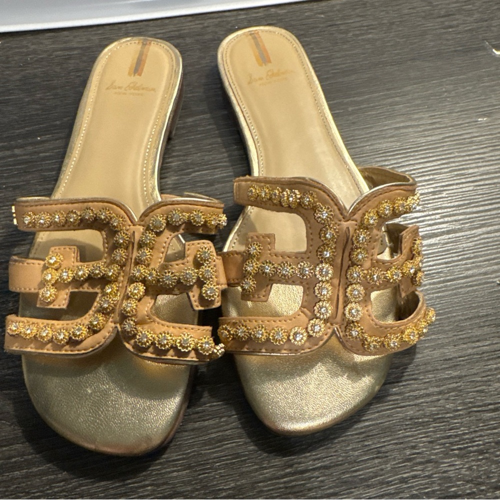 Sam Edelson Embellished Tan Slide Sandals with Gold Accents - Size 7.5